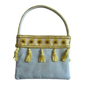 Y2K Vintage Sunflower Chambray Mini Bag Embroidered Sequin Tassels Yellow Blue